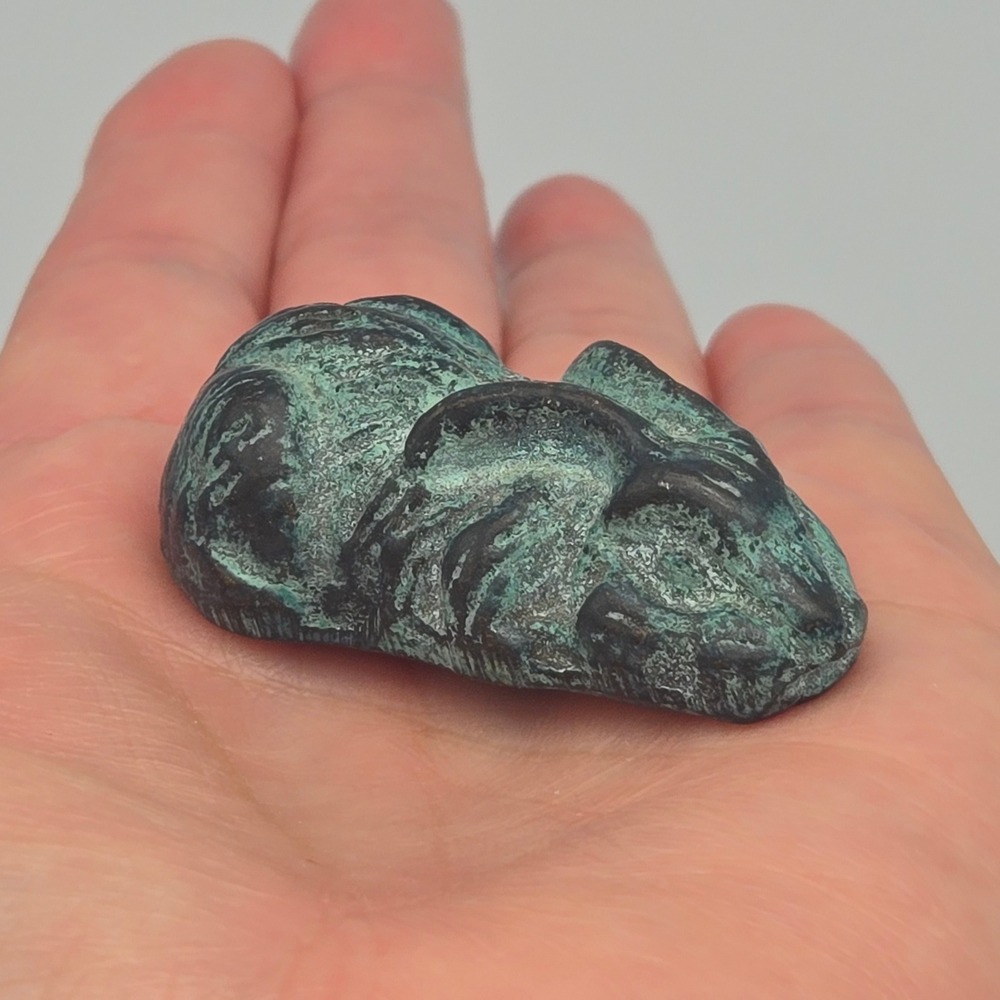 Vintage Miniature Bronze Rabbit Figurine Tiny Resting Bunny for Trinket Shelf